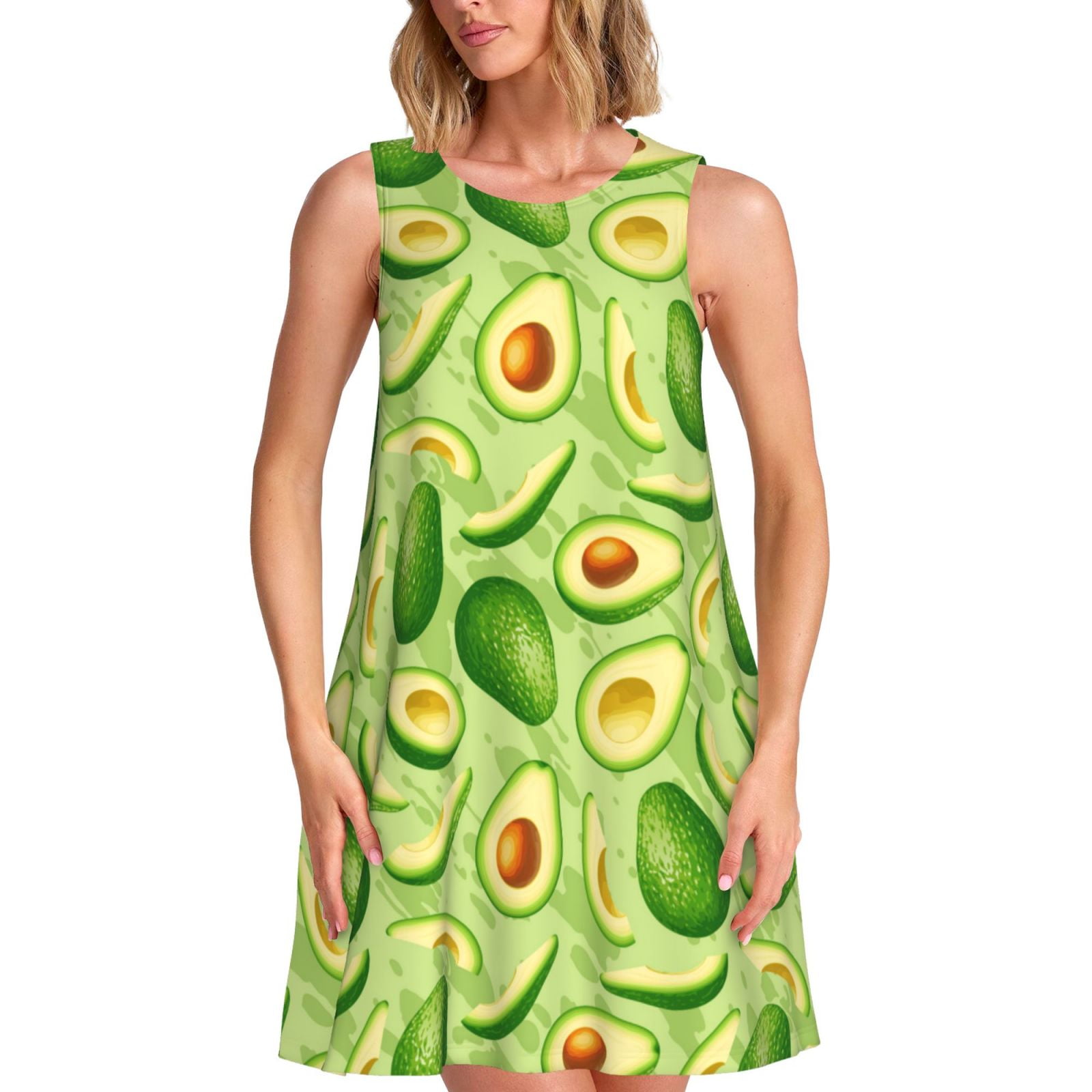Picia Green Avocado Print Women’s Sleeveless Midi Swing Dress – A-Line Pleated Tank Sundress, Comfortable and Flowy T-Shirt Dress