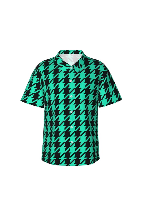 Green and Black Houndstooth Pattern Men's Hawaiian Shirt – Soft Cotton Regular Fit Short Sleeve Shirt, Casual Beach Shirt for Summer, Vacation, and Outdoor Wear,Large