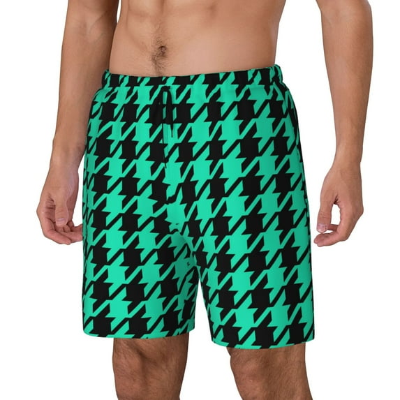 Picia Green and Black Houndstooth Pattern Mens Swim Trunks with Compression Liner Stretch Beach Shorts Quick Dry with Zipper Pockets No-Chafing Board Shorts-X-Large