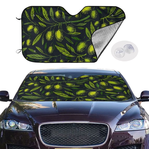 Picia Green Branch Olive Curved Windshield Sunshade Accordion Folding Style Auto Shade for Car Truck SUV Van Blocks UV Ray Sun Visor Protector -Medium