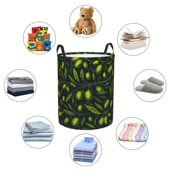 Picia Green Branch Olive Large Laundry Basket, Waterproof, Freestanding Laundry Hamper, Collapsible Tall Clothes Hamper with Extended Handles-Small