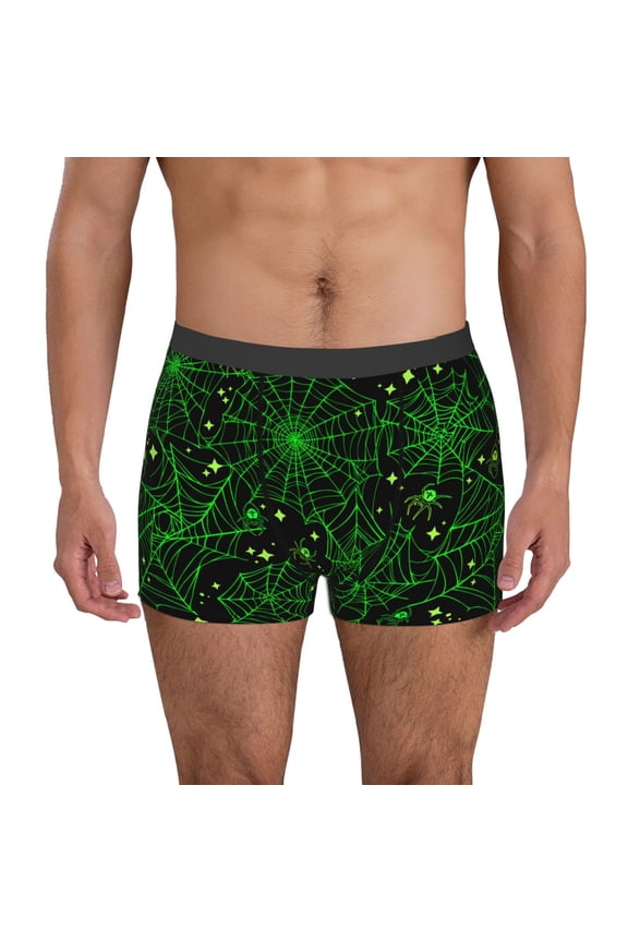 Green Bright Web with Spiders Pattern Men’s Boxer Briefs – Soft & Breathable Underwear, Stretchy & Comfortable Fit, Supportive Pouch Design, Moisture-Wicking-Small
