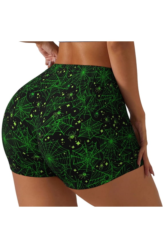 Green Bright Web with Spiders Printed Workout Shorts for Women Seamless Scrunch Butt Lifting High Waisted Yoga Gym Booty Running Moisture-wicking Short Pants-Medium