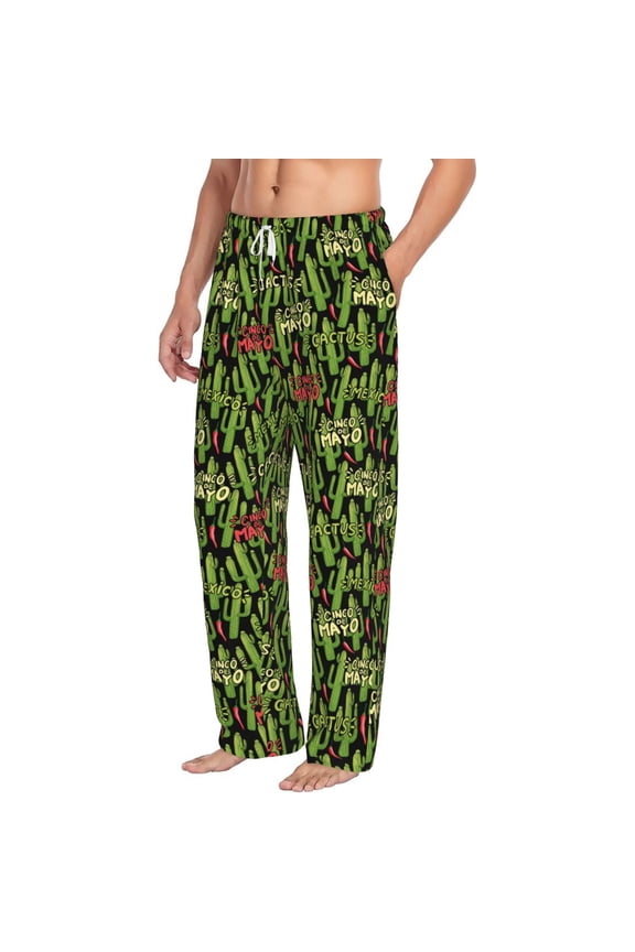 Green Cacti And Red Chili Mens Soft Woven Cotton Elastic Waistband Sleep Pajama Pant Lounge Sleep Pant With Pockets And Drawstring-X-Large