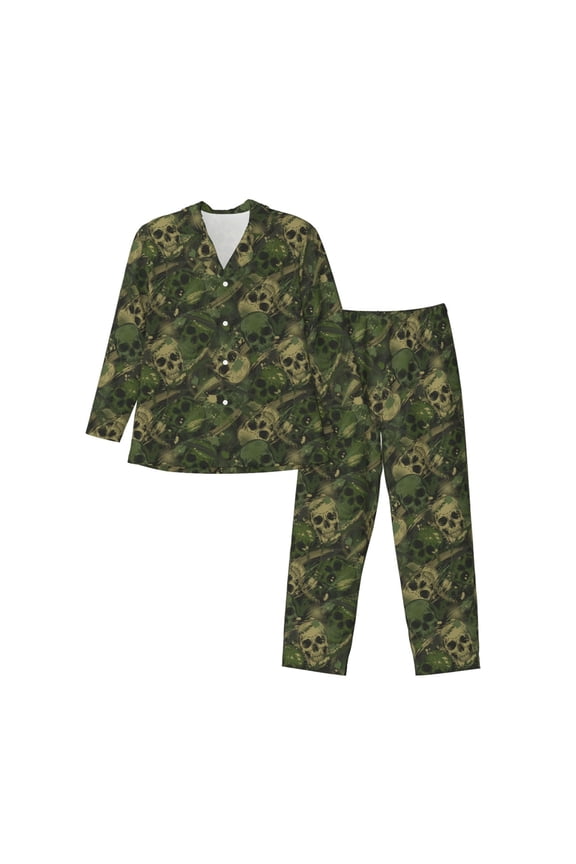 Green Camouflage Skull Pattern Men’s Long-Sleeve Sleepwear Set - Soft 2-Piece Loungewear with Pockets, Comfy PJs for Relaxing Nights-X-Large