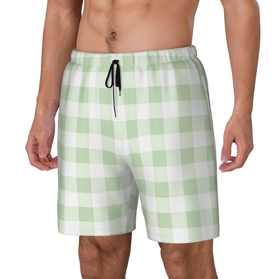Picia Green Checkboard pattern Mens Swim Trunks with Compression Liner Stretch Beach Shorts Quick Dry with Zipper Pockets No-Chafing Board Shorts-
