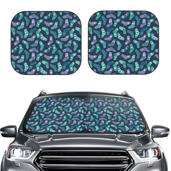 Picia Green Christmas Print Socks 2 Piece Car Windshield Sun Shade Foldable | Foldable Sun Shield for Front Window Blocks UV Rays and Keeps Your Vehicle Cool-Small