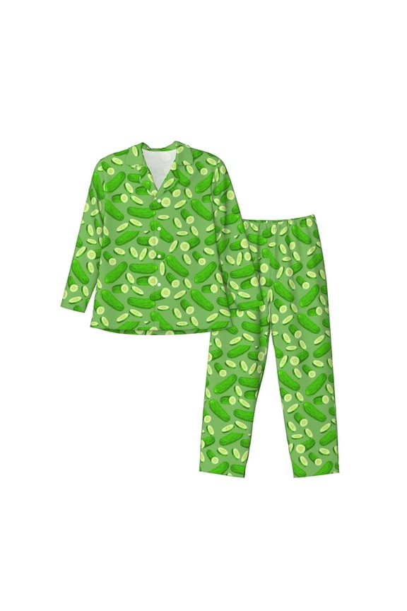 Green Cucumber Pattern Men’s Long-Sleeve Sleepwear Set - Soft 2-Piece Loungewear with Pockets, Comfy PJs for Relaxing Nights-Large