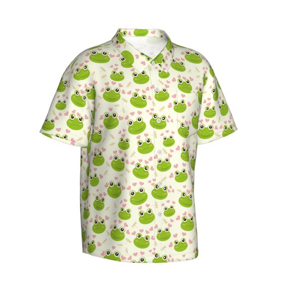 Picia Green Frog Gentle Cotton Regular Fit Short Sleeve Casual Hawaiian Shirt for Men-X-Large
