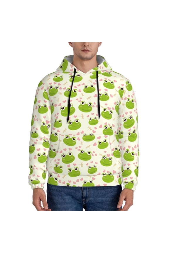 Green Frog Pattern Casual Men's Hoodie - Lightweight Hooded Sweatshirt with Kangaroo Pocket, Comfortable Pullover for Everyday, Travel-3X-Large
