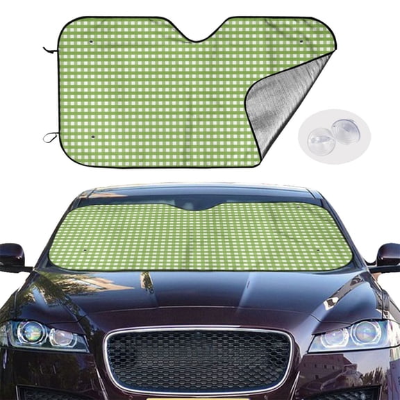 Picia Green Gingham Curved Windshield Sunshade Accordion Folding Style Auto Shade for Car Truck SUV Van Blocks UV Ray Sun Visor Protector -Small