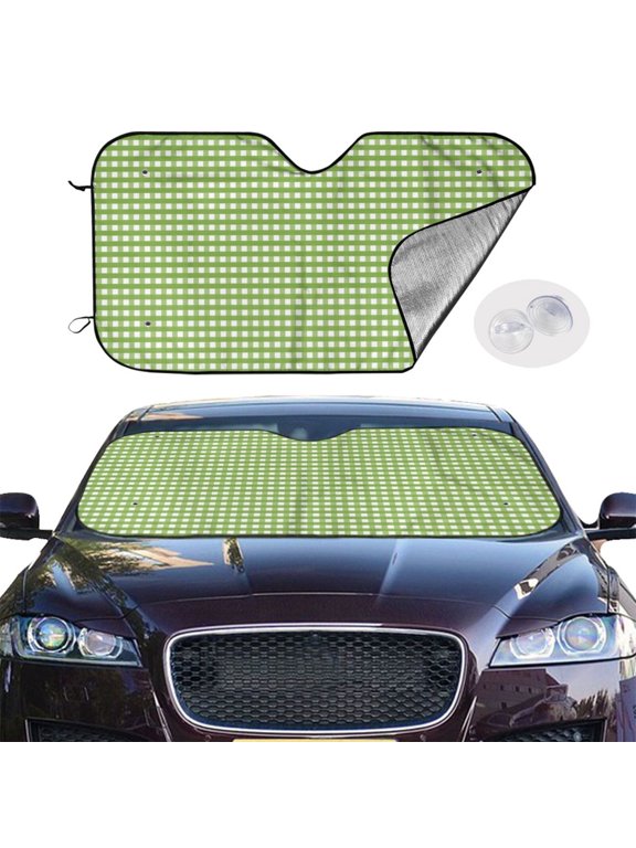 Green Gingham Curved Windshield Sunshade Accordion Folding Style Auto Shade for Car Truck SUV Van Blocks UV Ray Sun Visor Protector -Small
