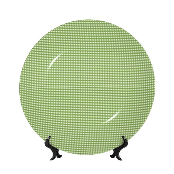 Picia Green Gingham Pattern Bone China Decorative Plate – Wall Decor with Stand and Adhesive, Elegant Ornament for Living Room, Office, or Entryway-6in