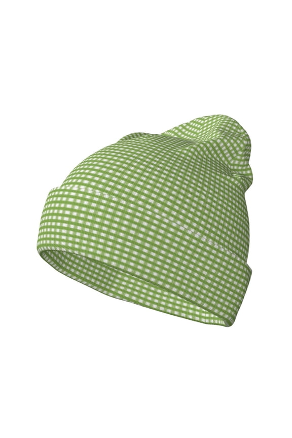 Green Gingham Pattern Knitted Beanie Hat for Men and Women , Unisex Winter Warm Stretchy Knit Cap Thick Fisherman Beanies Cuffed Plain Skull Caps