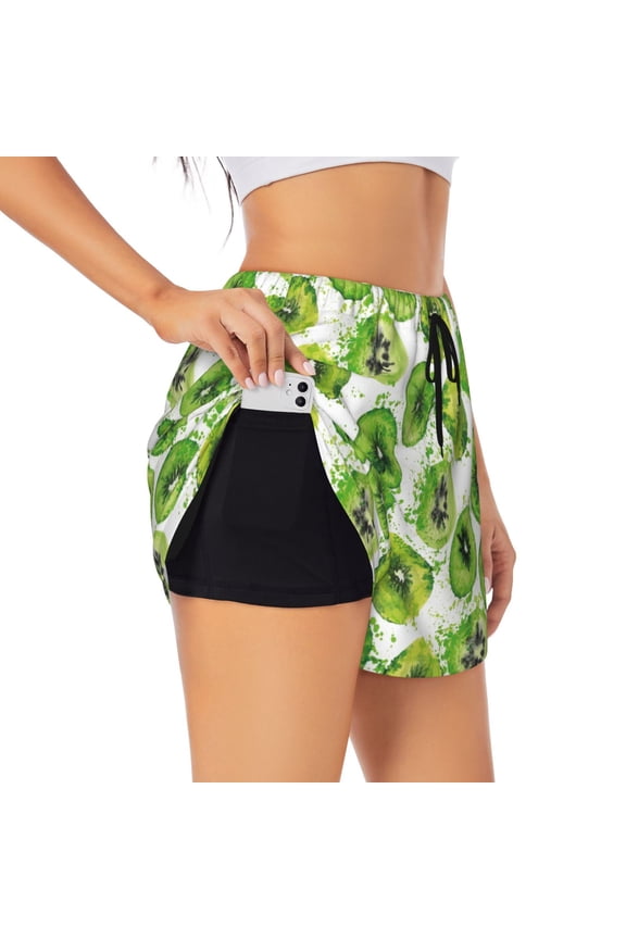 Green Kiwi Pattern Women's 2 in 1 Athletic Running Shorts High Waisted Workout Casual Gym Sweat Shorts with Comfy Liner Zipper Pockets-XX-Large