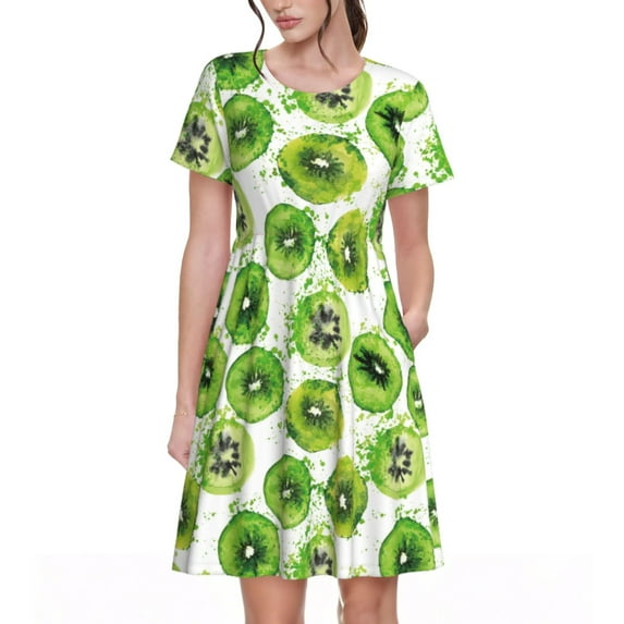 Picia Green Kiwi Pattern Women's Short Sleeve Summer Dress Pleated Loose Swing Knee Length Short Sleeve Swing Dresses