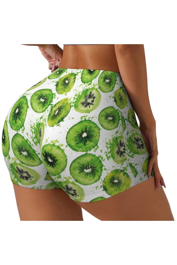 Green Kiwi Printed Workout Shorts for Women Seamless Scrunch Butt Lifting High Waisted Yoga Gym Booty Running Moisture-wicking Short Pants-X-Large