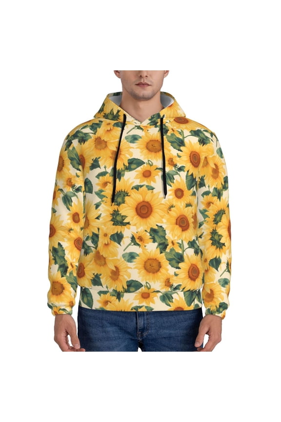 Green Leaf Sunflower Pattern Casual Men's Hoodie - Lightweight Hooded Sweatshirt with Kangaroo Pocket, Comfortable Pullover for Everyday, Travel-Large
