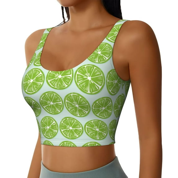 Picia Green Lemon Slices Sports Bra for Women,Padded Strappy Sports Bras Medium Support Yoga Bra with Removable Cups,Running Yoga Bra-Large