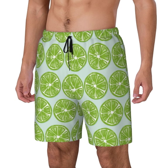 Picia Green Lemon Slices pattern Mens Swim Trunks with Compression Liner Stretch Beach Shorts Quick Dry with Zipper Pockets No-Chafing Board Shorts-XX-Large