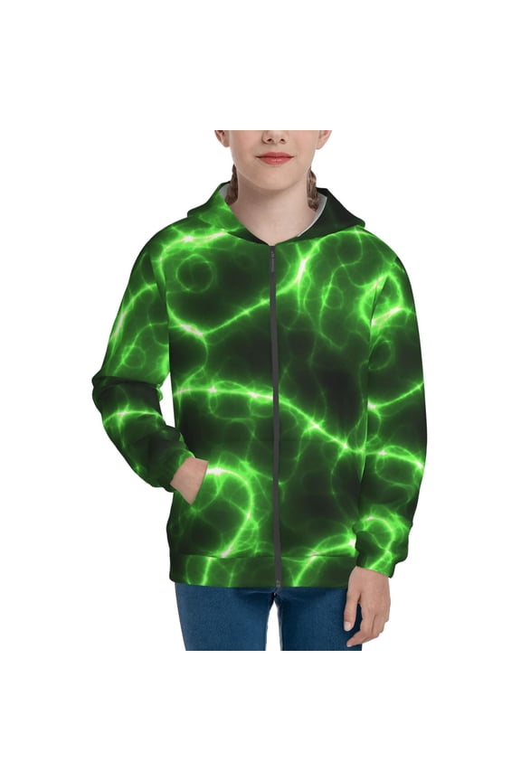 Green Lightning for Boys Fashion Full-zip Hoodies & Sweatshirts with Kangaroo Pocket,Zip-up Hooded Sweatshirt for Kid, Moisture Wicking & Breathable-Small