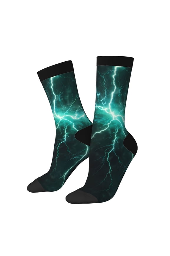 Green Lightning Flash Print Athletic Socks for Men & Women – Cushioned Moisture-Wicking Crew Socks for Sports, Running, and Training, Soft & Breathable Size 5-11