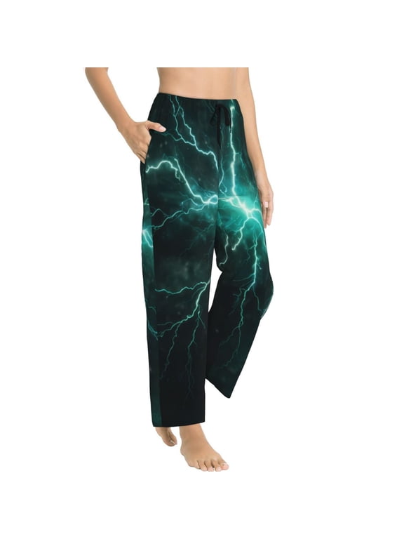 Green Lightning Flash Womens Soft Woven Cotton Elastic Waistband Sleep Pajama Pant Lounge Sleep Pant With Pockets And Drawstring-Medium