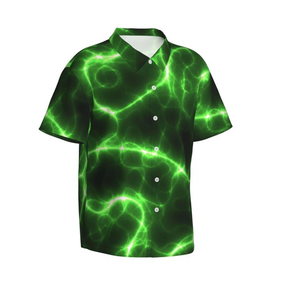 Picia Green Lightning Gentle Cotton Regular Fit Short Sleeve Casual Hawaiian Shirt for Men-Large
