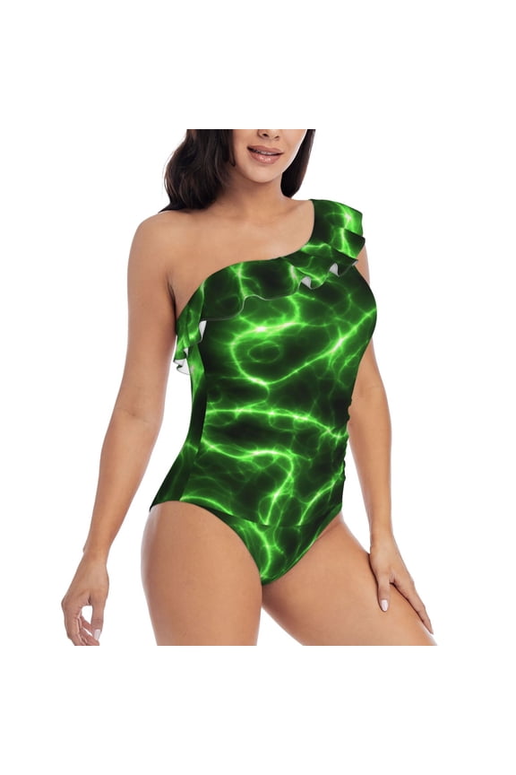 Green Lightning Pattern Women's One Piece Swimsuits,One Shoulder Swimwear Asymmetric ,Ruffle Monokinis Bathing Suits,High Waisted Flattering Bathing Suits-