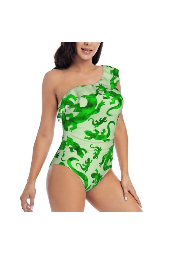 Green Lizard Pattern Women's One Piece Swimsuits,One Shoulder Swimwear Asymmetric ,Ruffle Monokinis Bathing Suits,High Waisted Flattering Bathing Suits-XX-Large