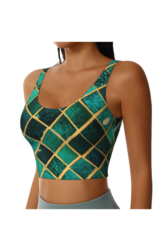 Green Mosaic Glass Sports Bra for Women,Padded Strappy Sports Bras Medium Support Yoga Bra with Removable Cups,Running Yoga Bra-X-Large
