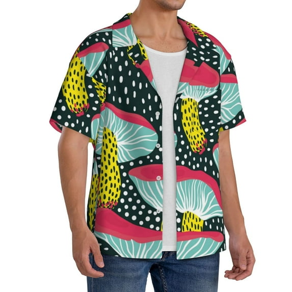 Picia Green Mushroom Men's Linen Shirts Short Sleeve Cuban Beach Shirts Casual Shirts Button Down Shirt for Men Beach Summer Wedding Shirt-3X-Large