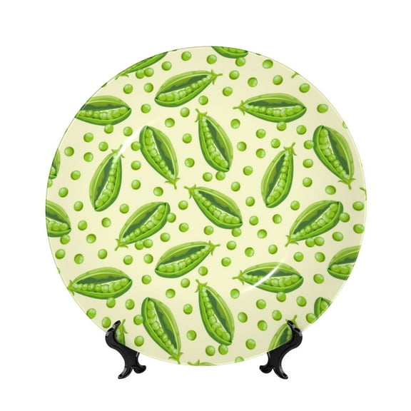Picia Green Peas Pattern Bone China Decorative Plate – Wall Decor with Stand and Adhesive, Elegant Ornament for Living Room, Office, or Entryway-6in