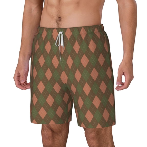 Picia Green and Pink Squares pattern Mens Swim Trunks with Compression Liner Stretch Beach Shorts Quick Dry with Zipper Pockets No-Chafing Board Shorts-Large