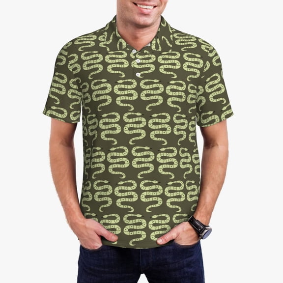 Picia Green Snake Print Men's Polo Shirt, Two-Button Closure Pique Polo Shirt, Summer Fashion Golf Shirt-Large