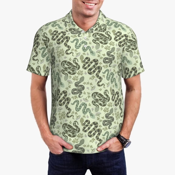 Picia Green Snake Print Men's Polo Shirt, Two-Button Closure Pique Polo Shirt, Summer Fashion Golf Shirt-Large