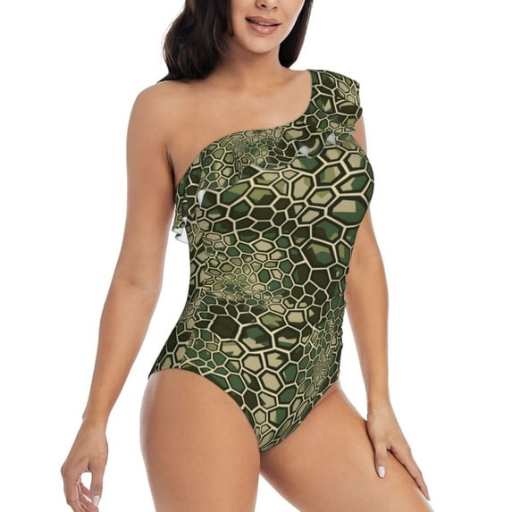 Picia Green Snake Skin Pattern Women's One Piece Swimsuits,One Shoulder Swimwear Asymmetric ,Ruffle Monokinis Bathing Suits,High Waisted Flattering Bathing Suits-Small