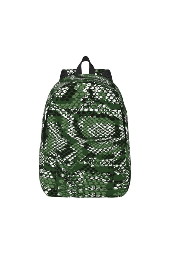 Green Snakeskin Printed Canvas Daypack - Stylish and Durable Vintage Compact Backpack - Class, Work, Travel, or Laptop Bookbag,Organized Compartments-Small