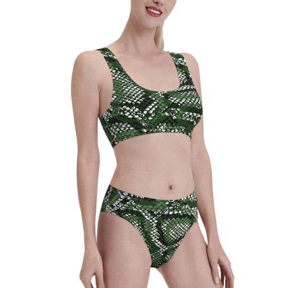 Picia Green Snakeskin Women's High Waisted Bikini Scoop Neck Swimsuit Two Pieces Bathing Suit-