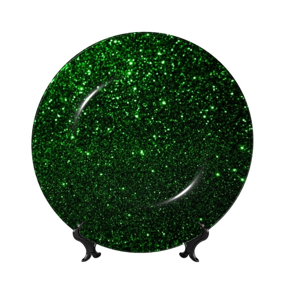 Picia Green Sparkling Pattern Bone China Decorative Plate – Wall Decor with Stand and Adhesive, Elegant Ornament for Living Room, Office, or Entryway-8in
