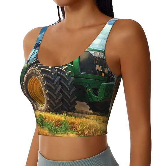 Picia Green Tractor Field Sports Bra for Women,Padded Strappy Sports Bras Medium Support Yoga Bra with Removable Cups,Running Yoga Bra-Small