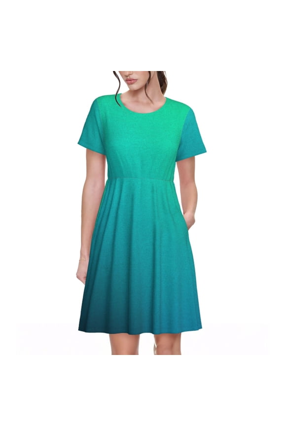 Green Turquoise Teal Pattern Women's Short Sleeve Summer Dress Pleated Loose Swing Knee Length Short Sleeve Swing Dresses