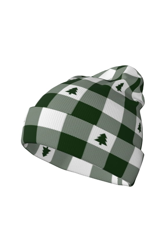 Green White Christmas Tree Lumberjack Plaid Pattern Knitted Beanie Hat for Men and Women , Unisex Winter Warm Stretchy Knit Cap Thick Fisherman Beanies Cuffed Plain Skull Caps