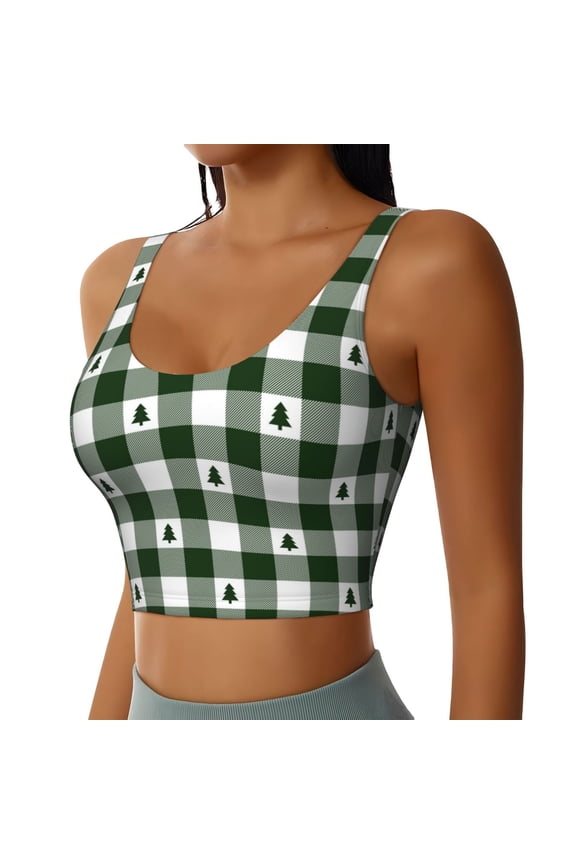 Green White Christmas Tree Lumberjack Plaid Sports Bra for Women,Padded Strappy Sports Bras Medium Support Yoga Bra with Removable Cups,Running Yoga Bra-Medium