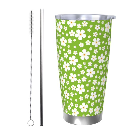 Picia Green White Flowers Pattern 20 oz Tumbler Stainless Steel Vacuum Insulated Coffee Ice Cup Double Wall Travel Flask Dual Lid Water Bottle, Eco-friendly Car Cup