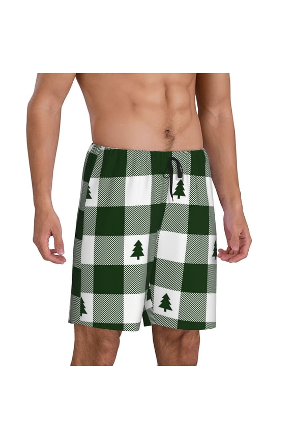 Green White Lumberjack Plaid Pajama Shorts for Men, Men's Pajama Bottoms, Sleepwear,Short Pajama Pants-Large