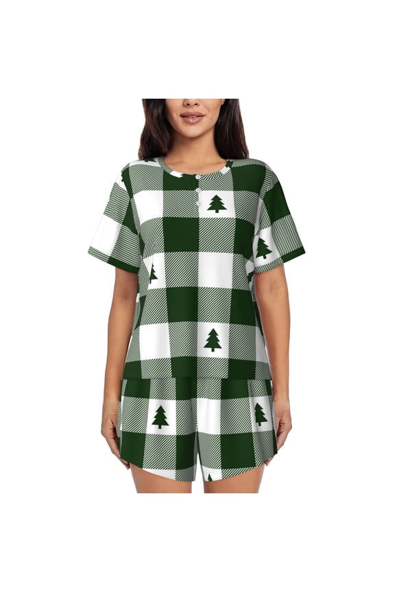 Green White Lumberjack Plaid Pajamas Sets for Women Soft Short-Sleeved Pjs with Lounge Shorts Two Piece Sleepwear-