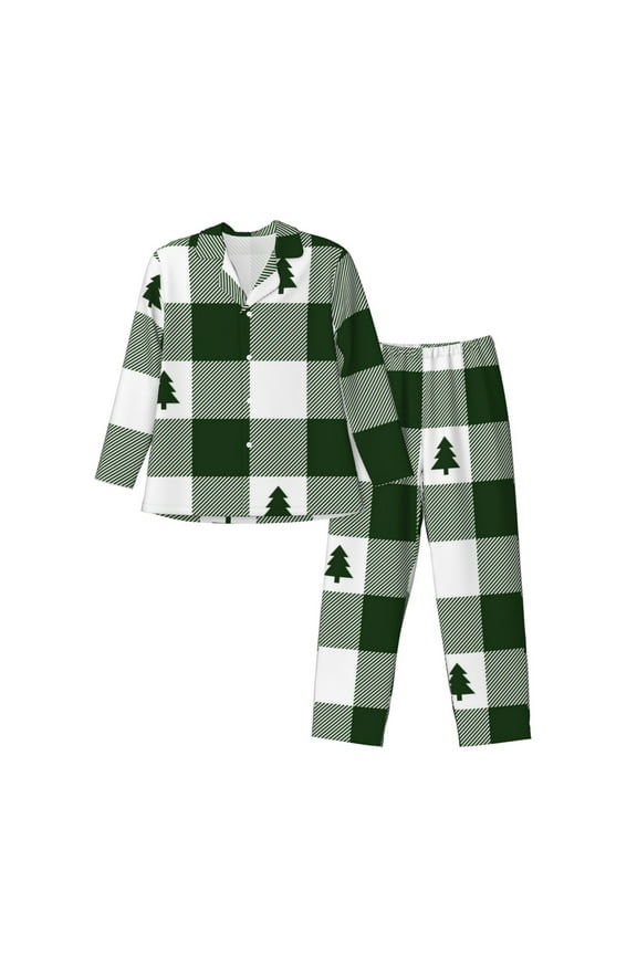 Green White Lumberjack Plaid Pattern Men’s Long-Sleeve Sleepwear Set - Soft 2-Piece Loungewear with Pockets, Comfy PJs for Relaxing Nights-Large
