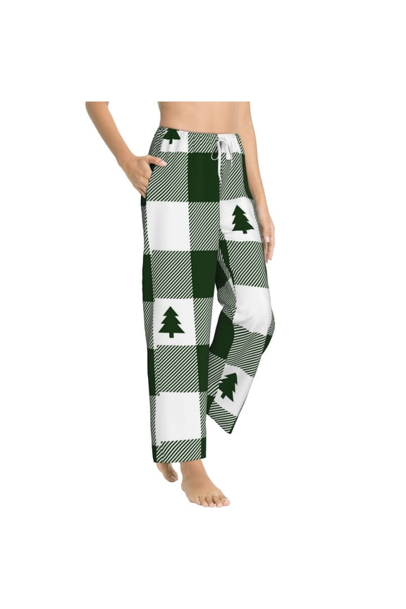Green White Lumberjack Plaid Womens Soft Woven Cotton Elastic Waistband Sleep Pajama Pant Lounge Sleep Pant With Pockets And Drawstring-Medium