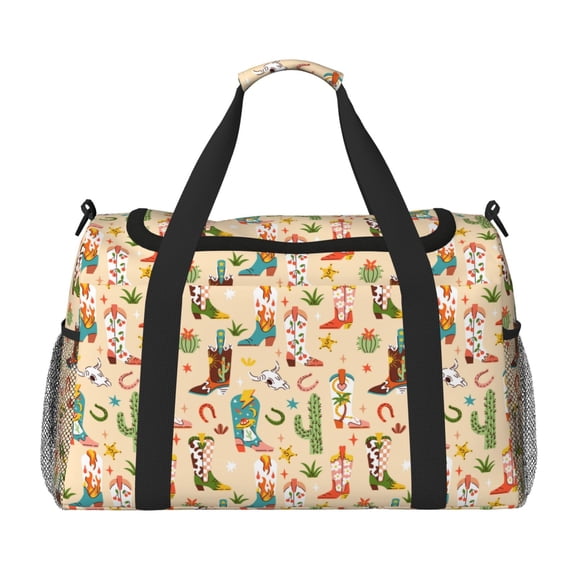 Picia Groovy American Western Footwear Print Travel Duffle Bag,Weekender Bags for Women with Shoe Compartment, Gym Duffel Bag with Wet Pocket, Hospital Bags for Labor and Delivery